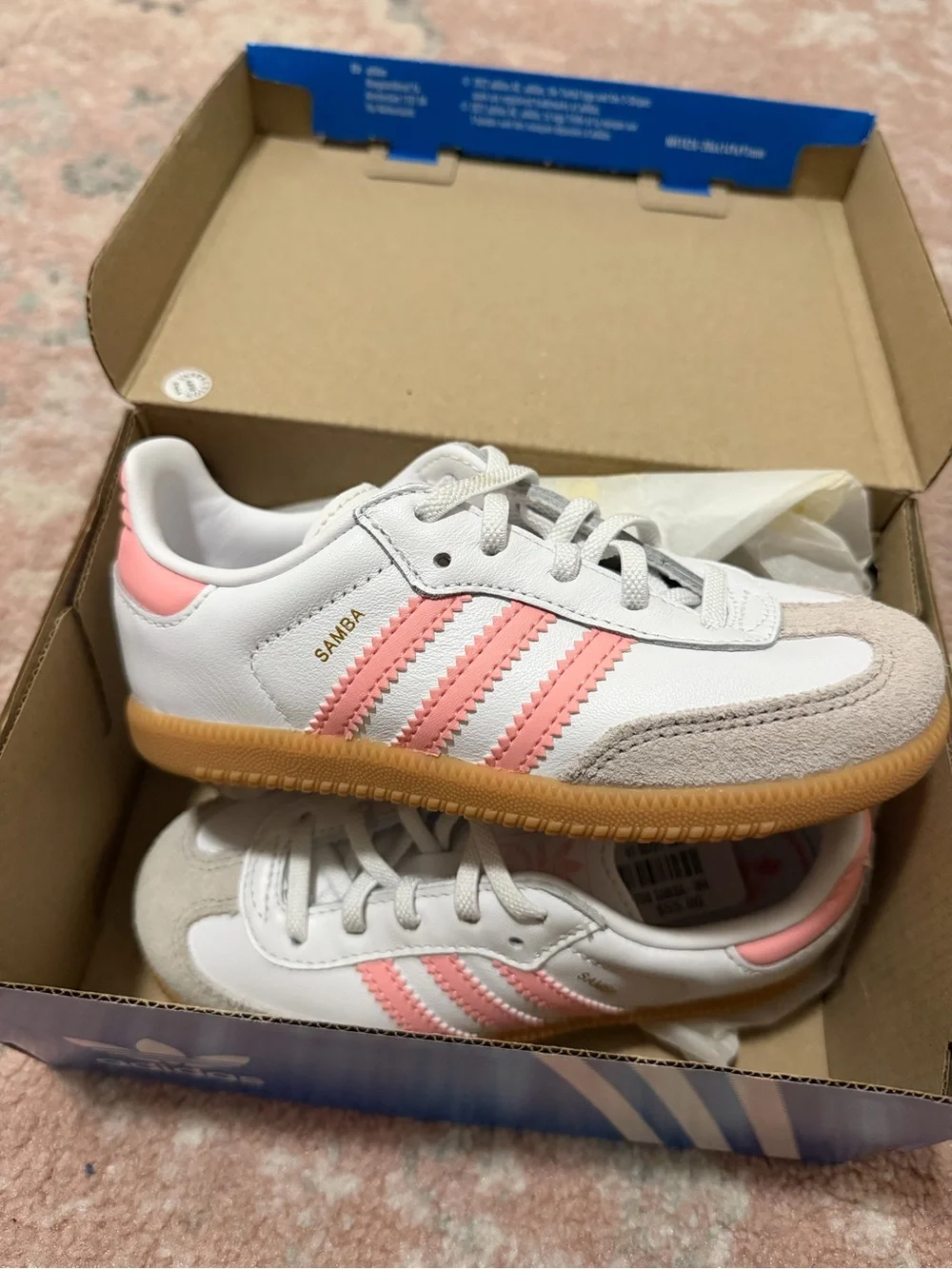 adidas Kids Samba Sneakers in White with Pink Stripes and Gum Sole